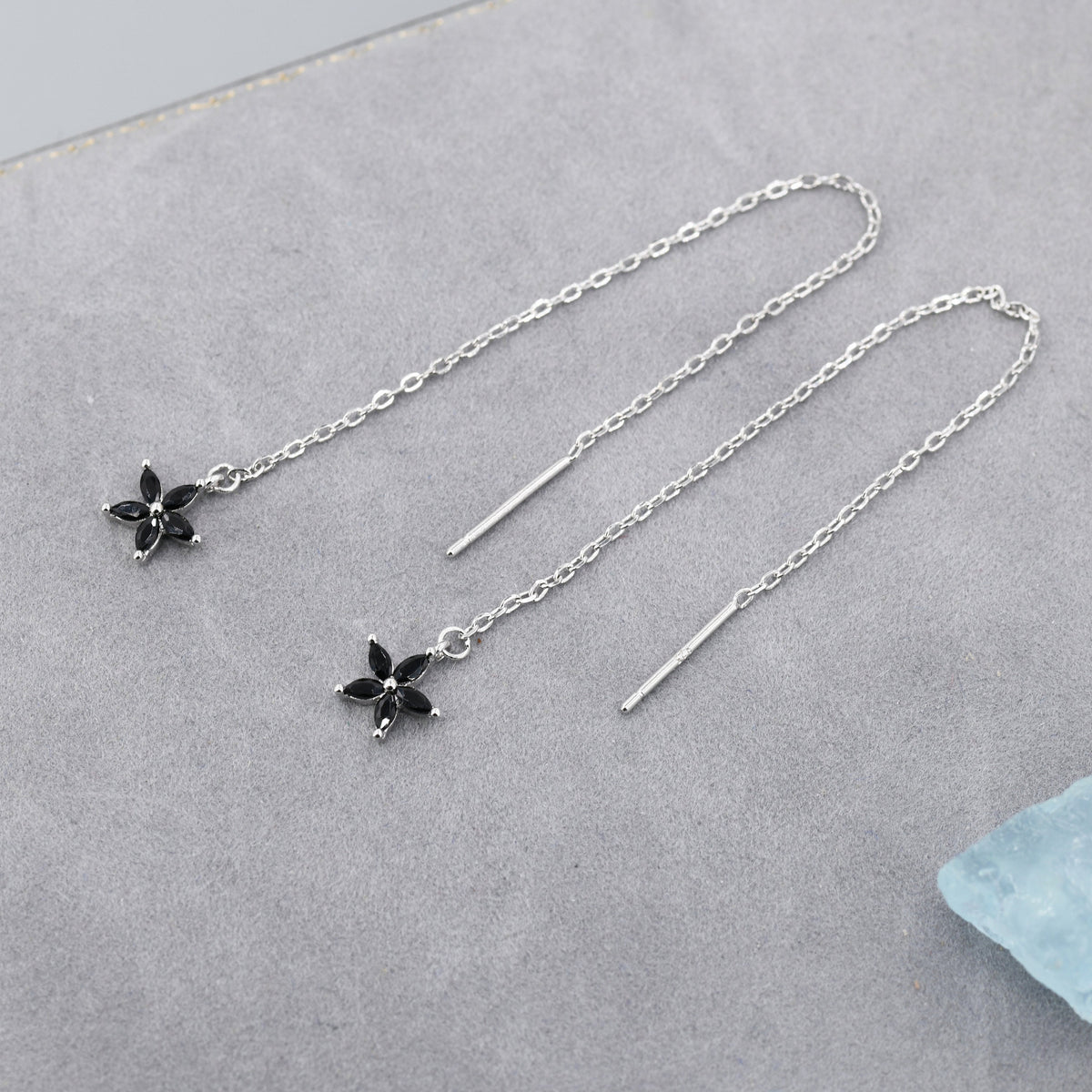 Black CZ Flower Threader Earrings in Sterling Silver, Silver or Gold, Forget-me-not Floral Ear Threaders, Sparkly CZ Threaders