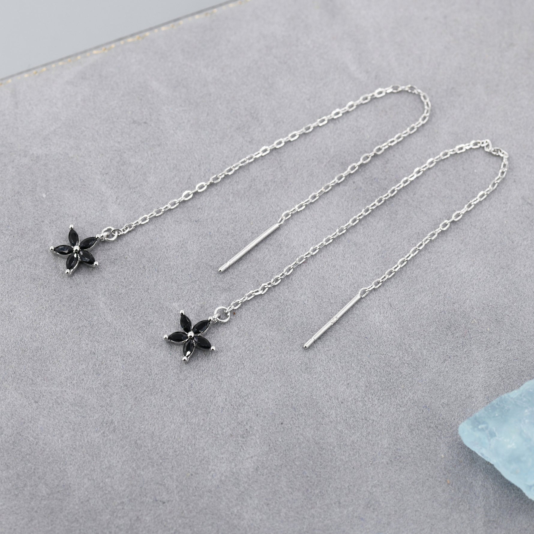 Black CZ Flower Threader Earrings in Sterling Silver, Silver or Gold, Forget-me-not Floral Ear Threaders, Sparkly CZ Threaders