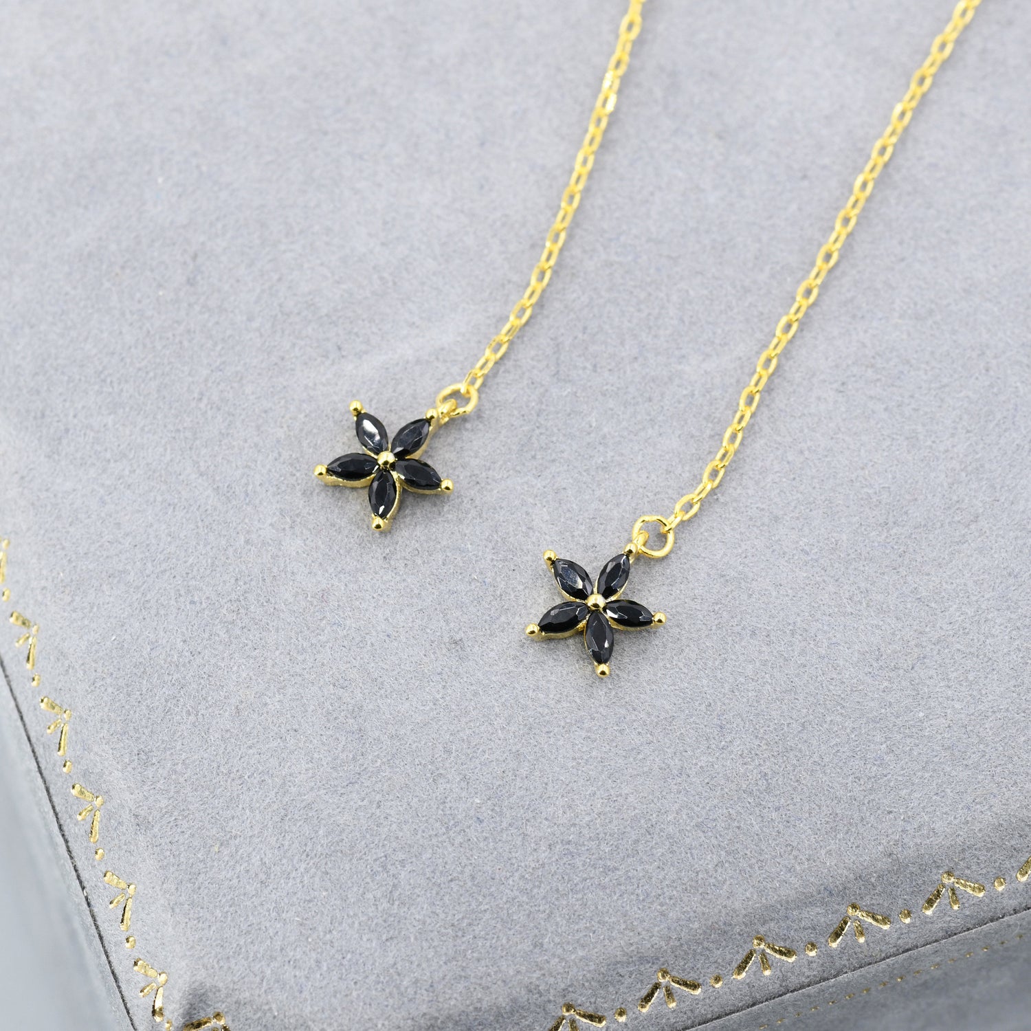 Black CZ Flower Threader Earrings in Sterling Silver, Silver or Gold, Forget-me-not Floral Ear Threaders, Sparkly CZ Threaders
