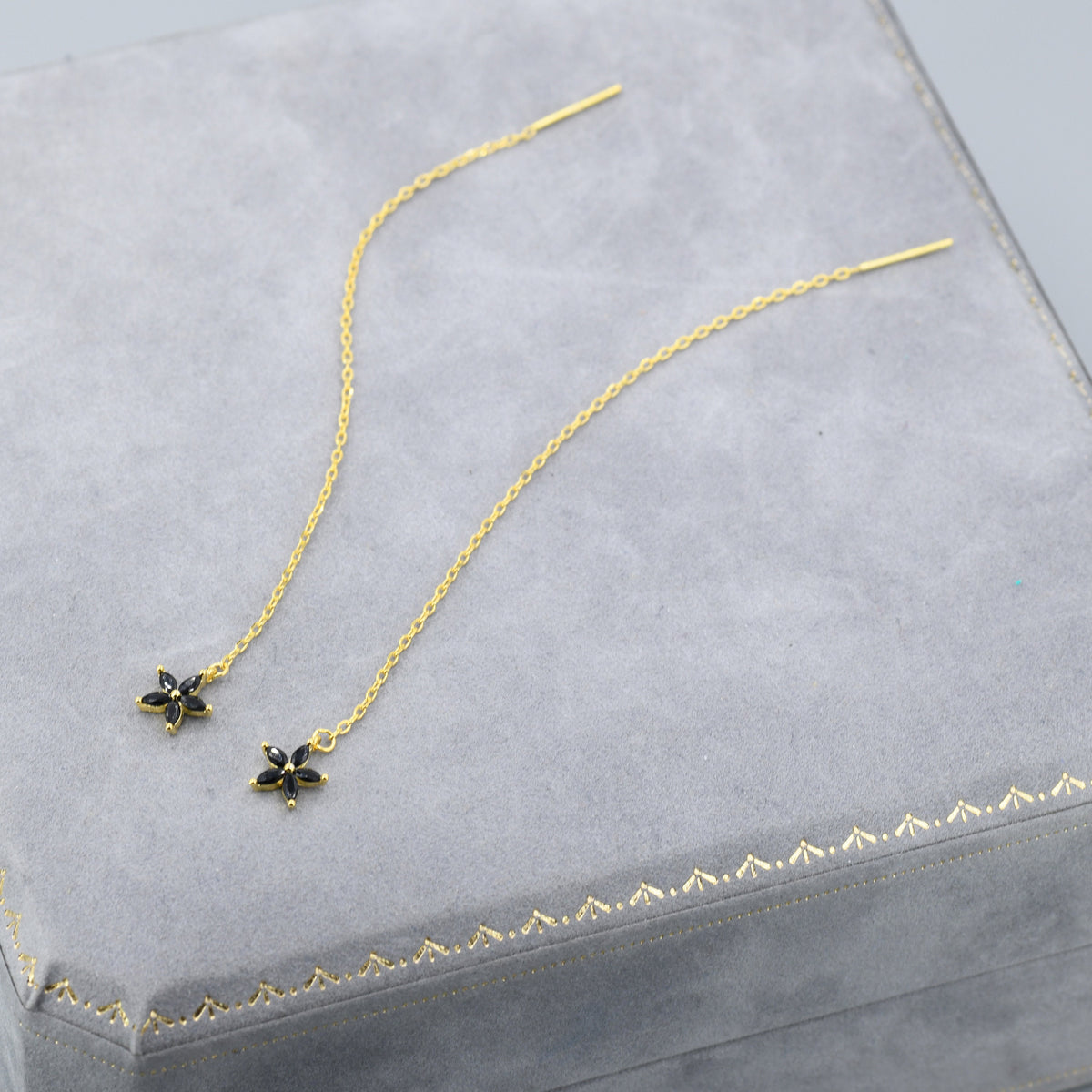 Black CZ Flower Threader Earrings in Sterling Silver, Silver or Gold, Forget-me-not Floral Ear Threaders, Sparkly CZ Threaders