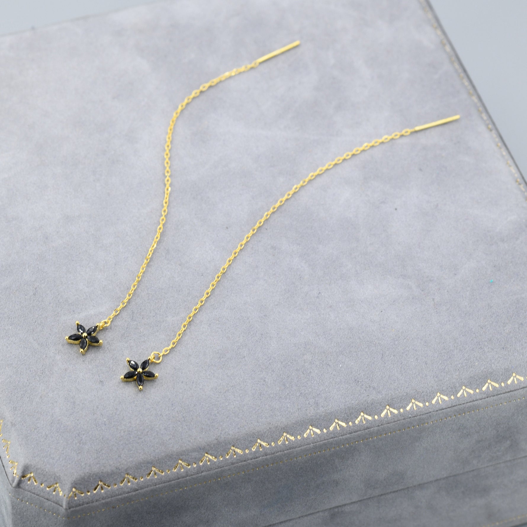 Black CZ Flower Threader Earrings in Sterling Silver, Silver or Gold, Forget-me-not Floral Ear Threaders, Sparkly CZ Threaders