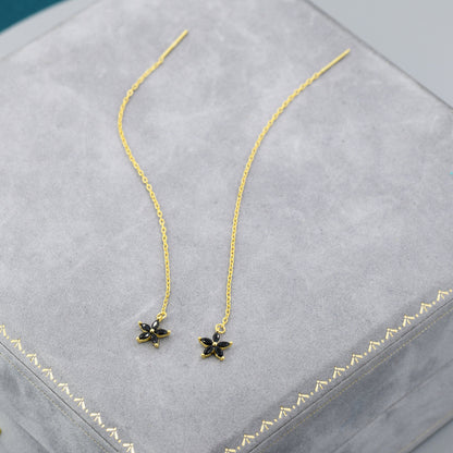 Black CZ Flower Threader Earrings in Sterling Silver, Silver or Gold, Forget-me-not Floral Ear Threaders, Sparkly CZ Threaders
