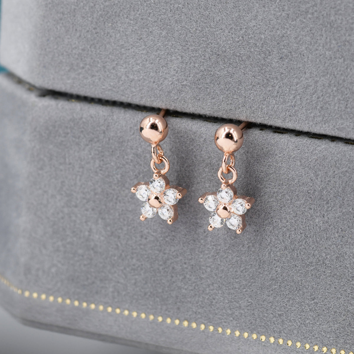 Sterling Silver Dainty CZ Flower Drop Stud Earrings, Dainty Dangle Daisy Flower Earrings, Silver Forget Me Not Tiny Earrings
