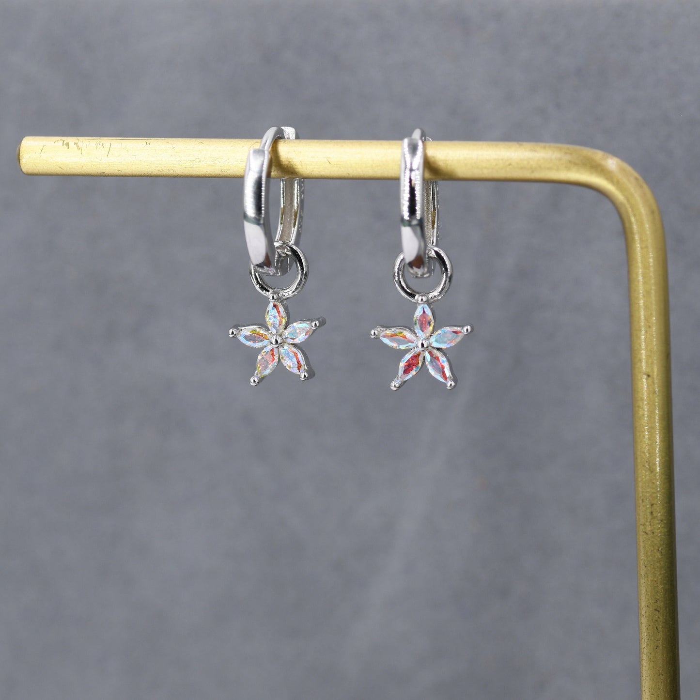 Aurora Colour Flower CZ Huggie Hoop in Sterling Silver, Silver or Gold, Colour Changing Flower Hoops, Detachable and Interchangeable