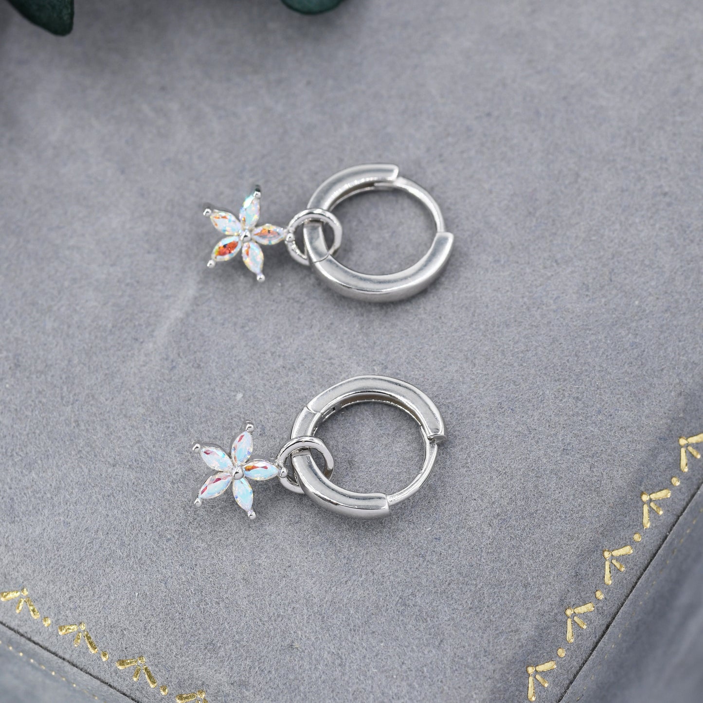 Aurora Colour Flower CZ Huggie Hoop in Sterling Silver, Silver or Gold, Colour Changing Flower Hoops, Detachable and Interchangeable