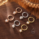 Tiny Mother of Pearl Huggie Hoop Earrings in Sterling Silver, 3mm or 4mm , Gold or Rose Gold, Simple Four Prong Pearl Dangle Earrings