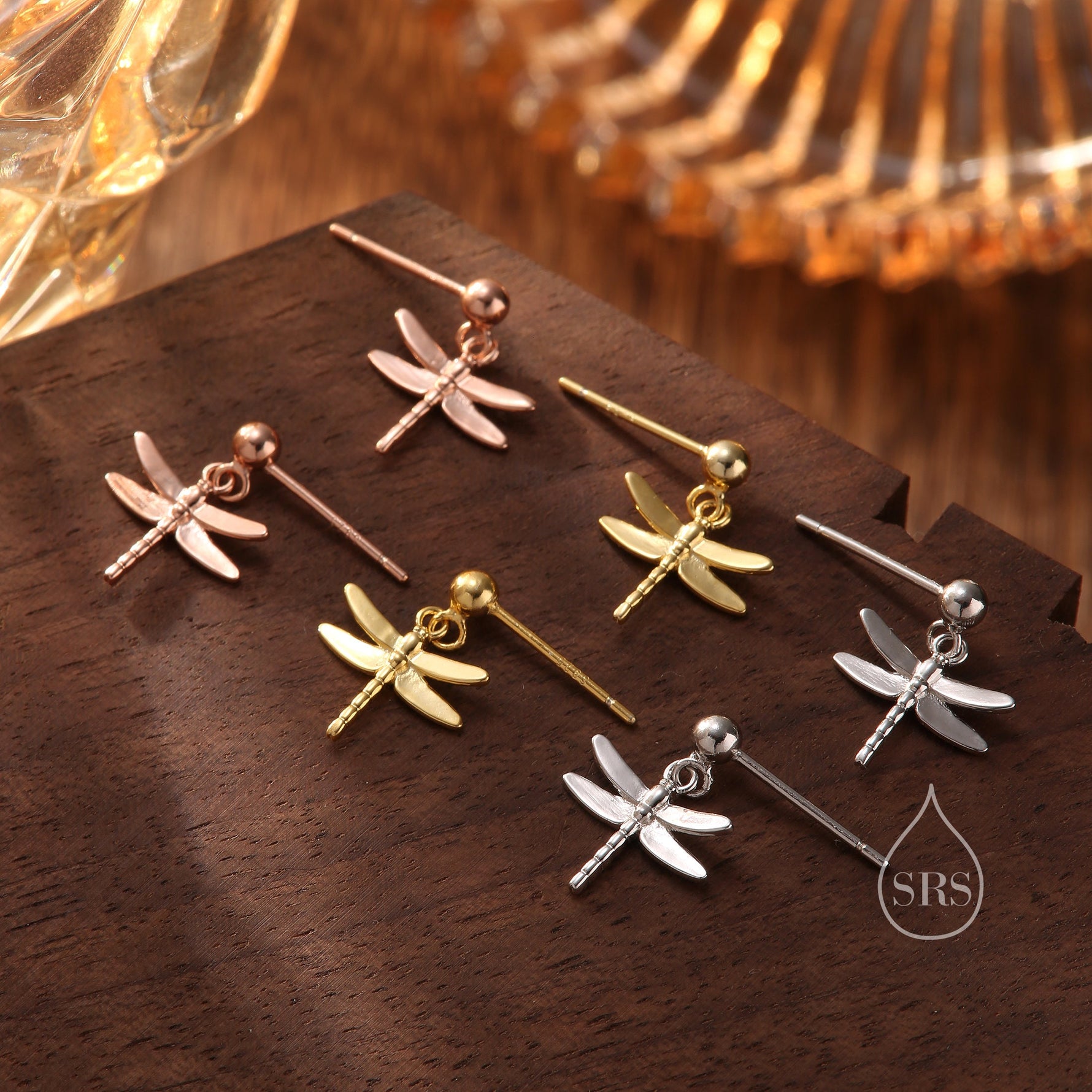 Sterling Silver Dragonfly Drop Stud Earrings, Silver or Gold or Rose Gold, Dragonfly Dangle Earrings, Dragonfly Earrings, Insect Earrings