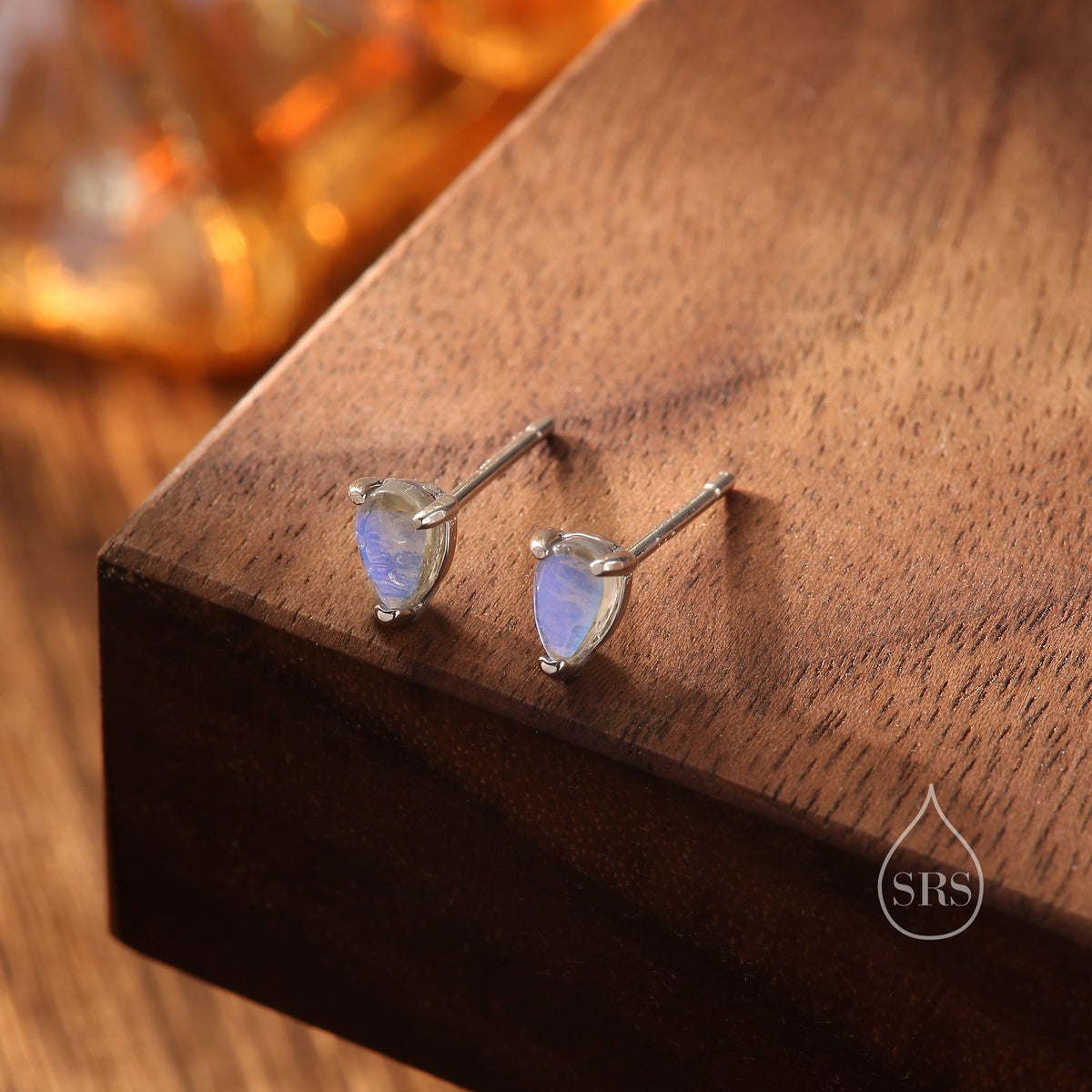 Sterling Silver Droplet Moonstone Stud Earrings, Mermaid Colour Stud Earrings, Simulated Moonstone Glass Prong Set Earrings, Minimalist
