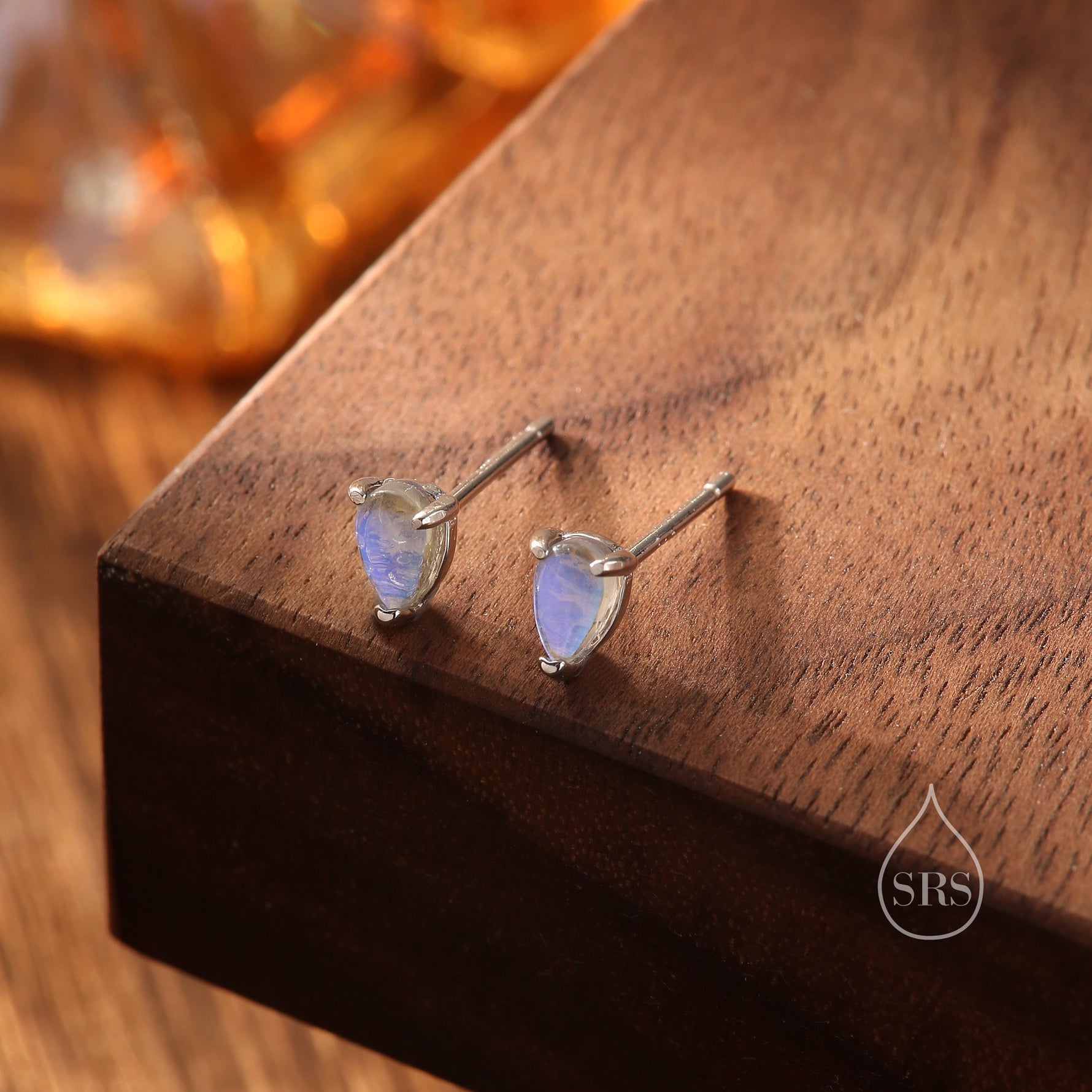 Sterling Silver Droplet Moonstone Stud Earrings, Mermaid Colour Stud Earrings, Simulated Moonstone Glass Prong Set Earrings, Minimalist