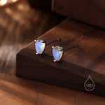 Sterling Silver Droplet Moonstone Stud Earrings, Mermaid Colour Stud Earrings, Simulated Moonstone Glass Prong Set Earrings, Minimalist