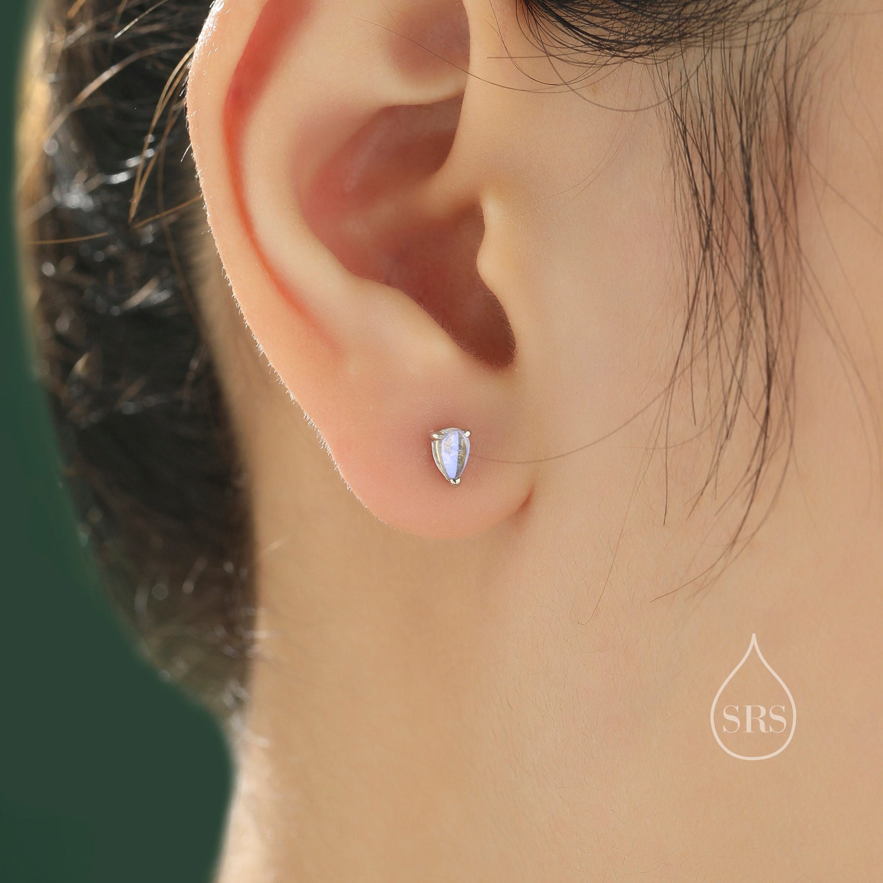 Sterling Silver Droplet Moonstone Stud Earrings, Mermaid Colour Stud Earrings, Simulated Moonstone Glass Prong Set Earrings, Minimalist