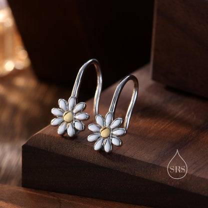 Sterling Silver Daisy Flower Drop Hook Earrings, Two Tone Finish, Daisy Earrings, Minimalist Daisy Earrings