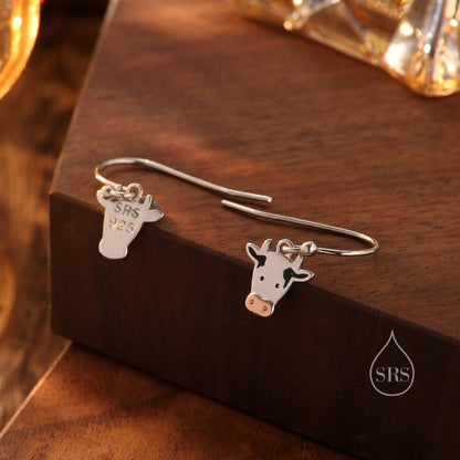 Dairy Cow Drop Dangling Earrings in Sterling Silver, Cow Earrings, Cow Hook Earrings, Scottish Farm Animal Earrings