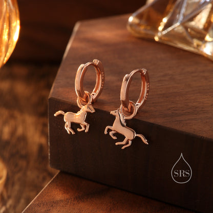 Sterling Silver Cute Horse Dangle Huggie Hoops, Detachable Horse Hoop Earrings, Dainty Dangle Earrings, Horse Earrings