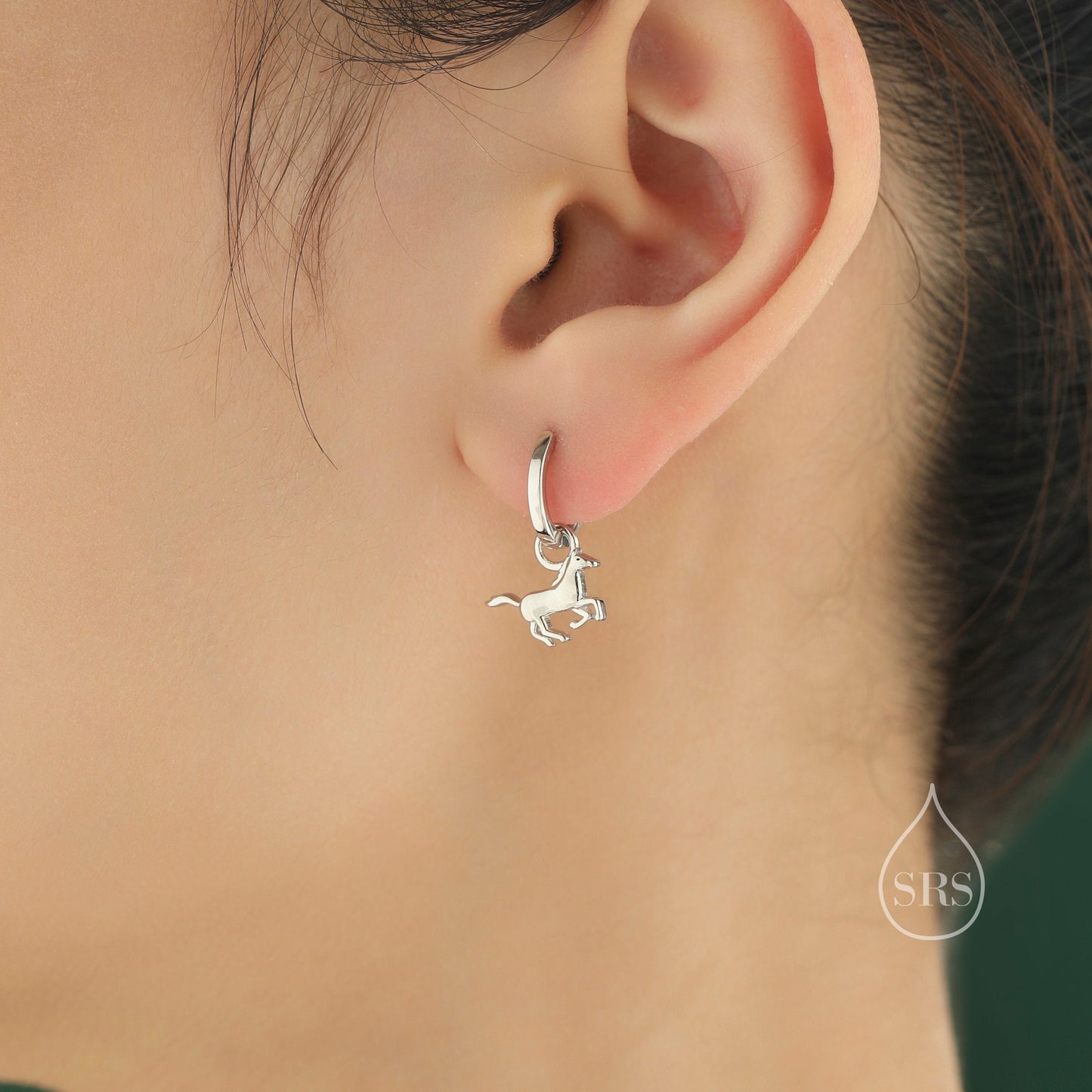 Sterling Silver Cute Horse Dangle Huggie Hoops, Detachable Horse Hoop Earrings, Dainty Dangle Earrings, Horse Earrings