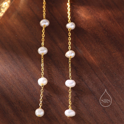 Genuine Freshwater Pearl Drop Satellite Earrings in Sterling Silver, Delicate Keshi Pearl Long Dangle Earrings, Pearl Stud Dangle Earrings