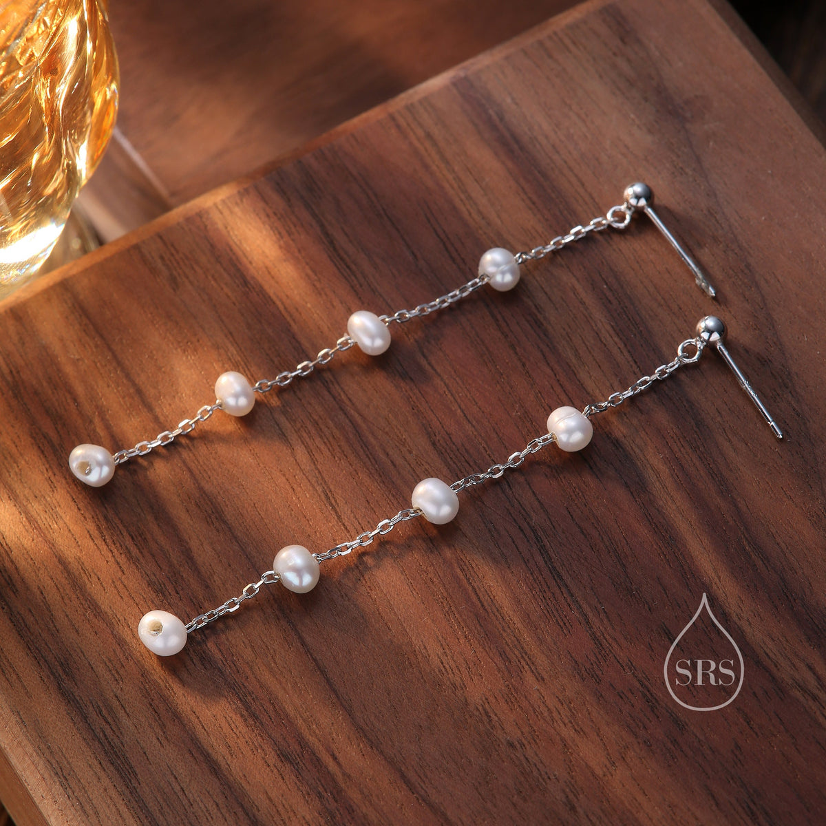 Genuine Freshwater Pearl Drop Satellite Earrings in Sterling Silver, Delicate Keshi Pearl Long Dangle Earrings, Pearl Stud Dangle Earrings