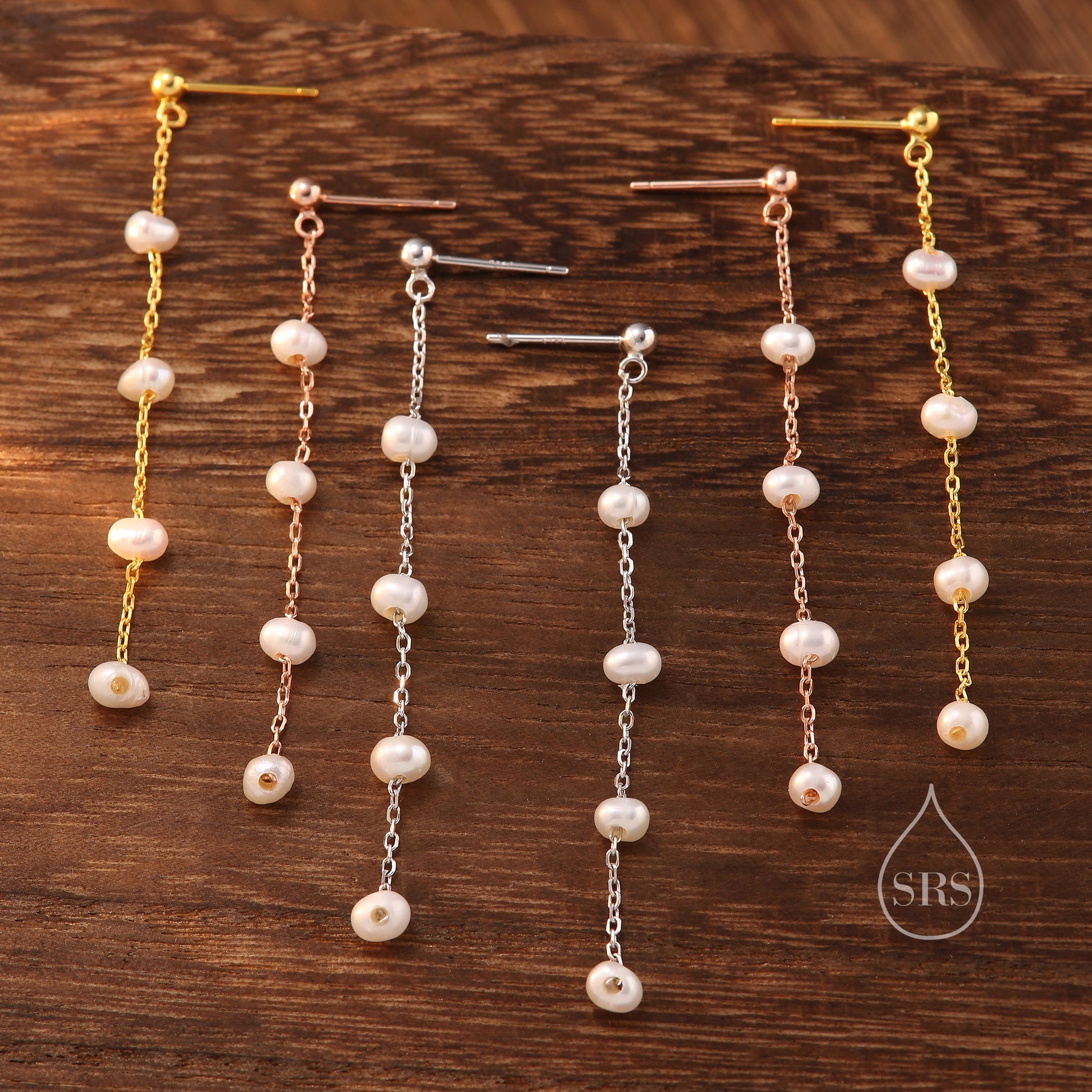 Genuine Freshwater Pearl Drop Satellite Earrings in Sterling Silver, Delicate Keshi Pearl Long Dangle Earrings, Pearl Stud Dangle Earrings