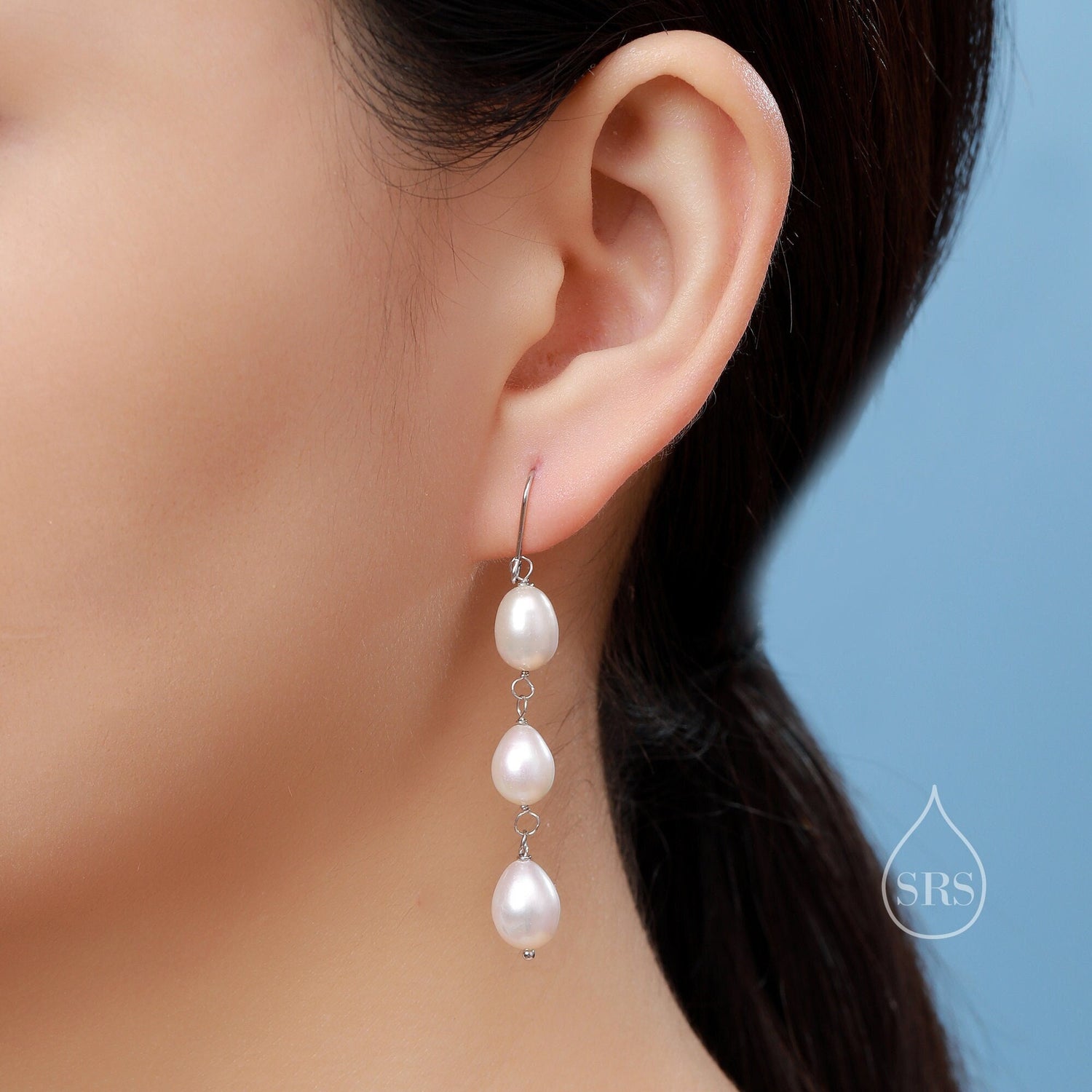 Baroque Pearl Trio Drop Hook Earrings in Sterling Silver, Silver or Gold, Long Pearl Drop Earrings, Natural Keshi Freshwater Pearl Earrings