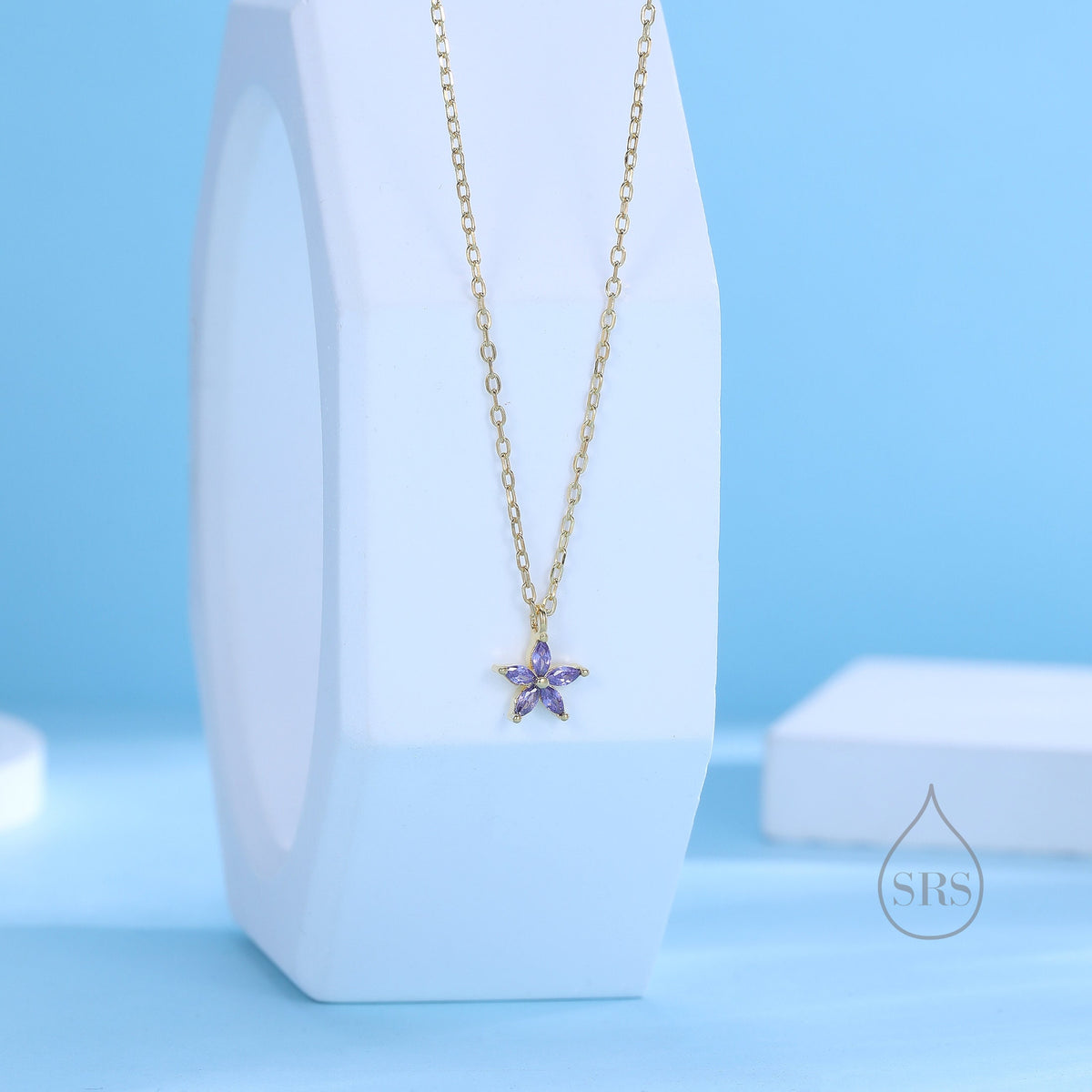 Tiny Amethyst Purple CZ Flower Necklace in Sterling Silver, Silver or Gold, CZ Flower Necklace, CZ Cluster Floral Necklace
