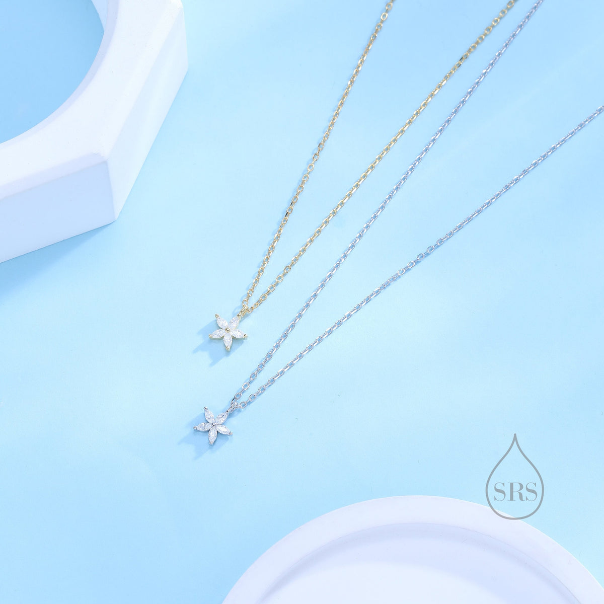 Tiny CZ Flower Necklace in Sterling Silver, Silver or Gold, CZ Flower Necklace, CZ Cluster Floral Necklace