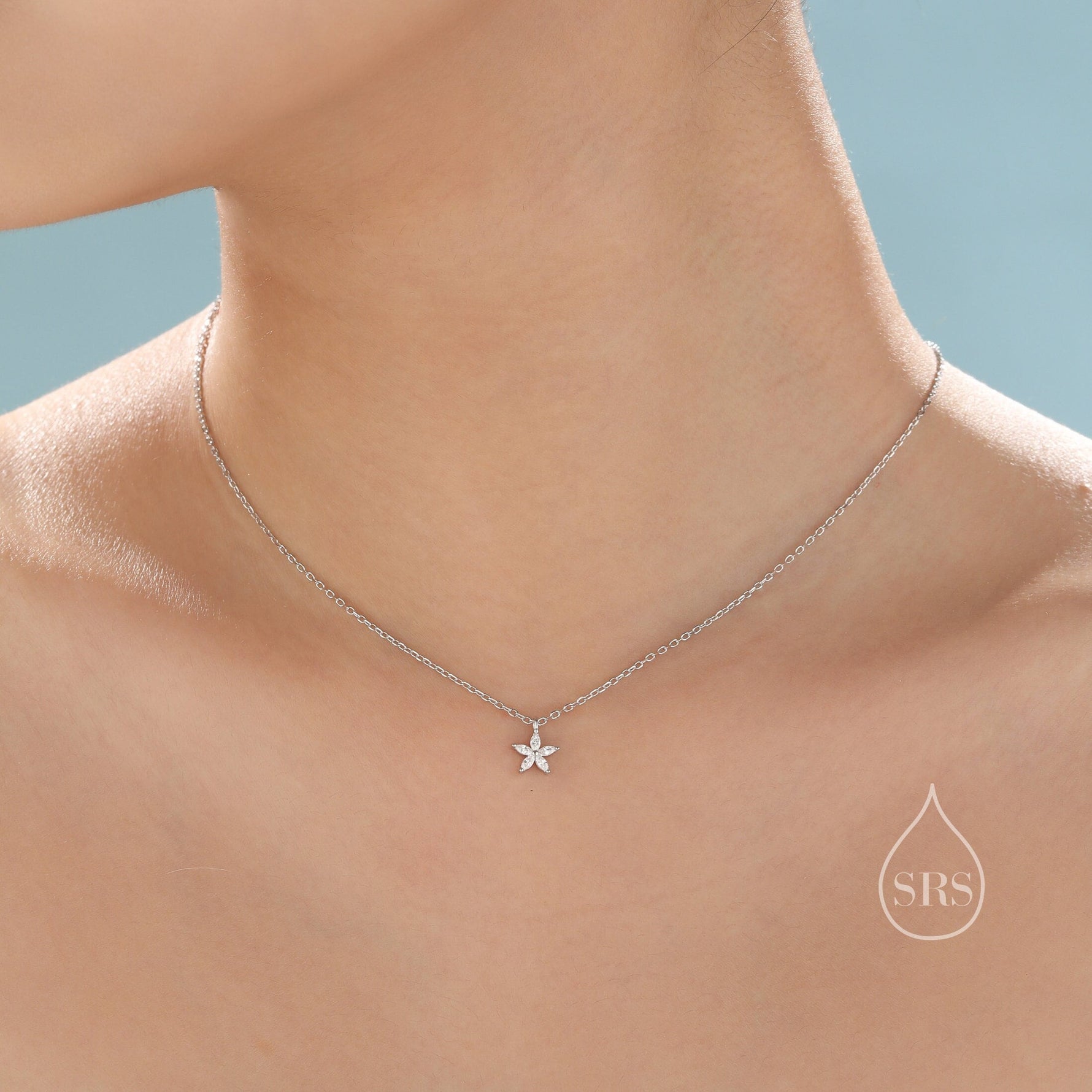 Tiny CZ Flower Necklace in Sterling Silver, Silver or Gold, CZ Flower Necklace, CZ Cluster Floral Necklace