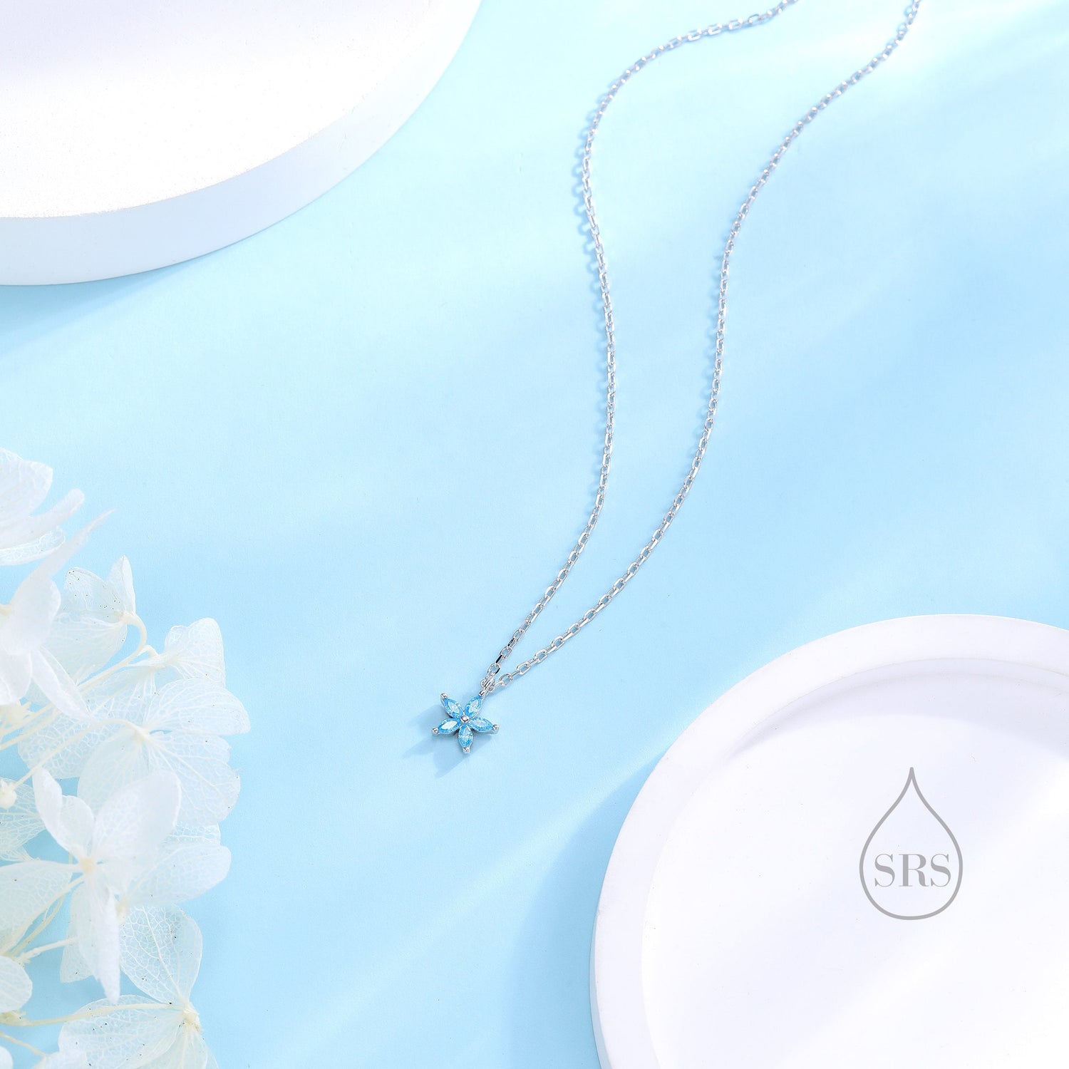 Aquamarine Blue CZ Flower Pendant Necklace