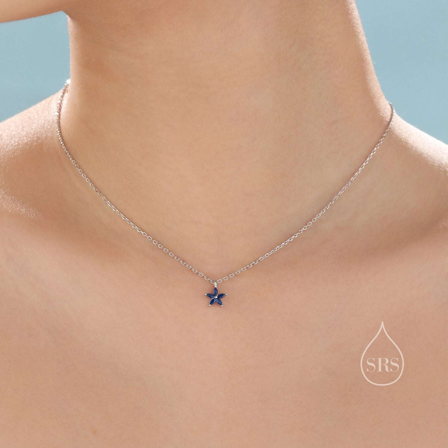 Sapphire Blue CZ Flower Pendant Necklace