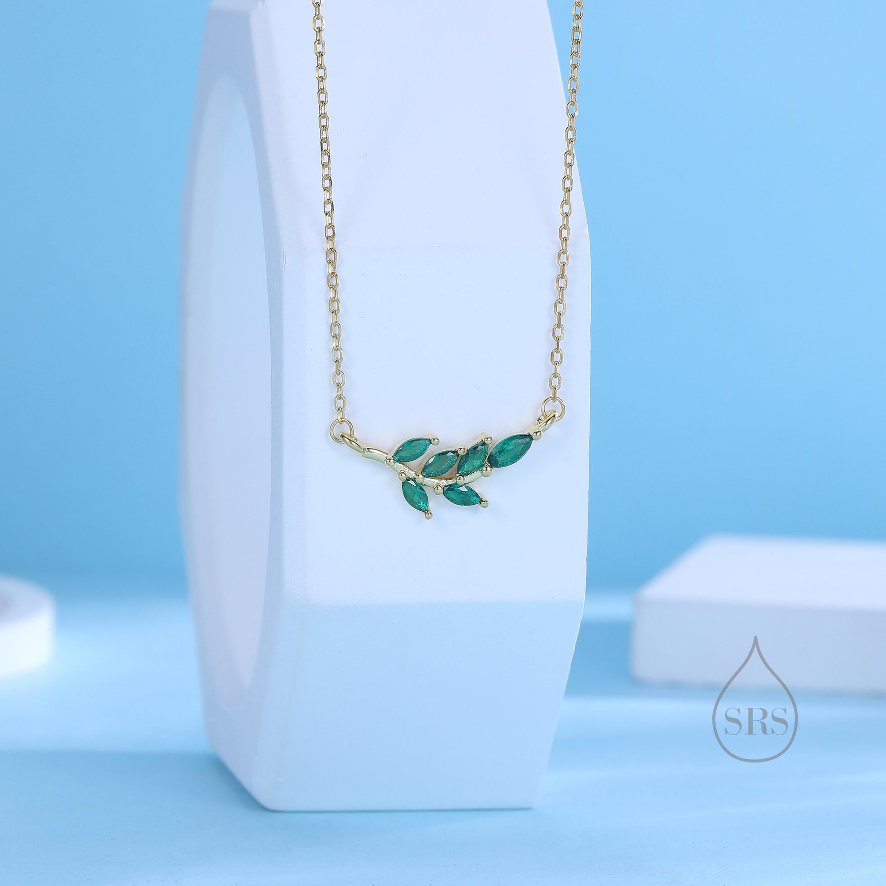 Emerald Green CZ Leaf Pendant Necklace in Sterling Silver, Silver or Gold, Olive Leaf Necklace, Olive Branch Necklace, Nature Inspired