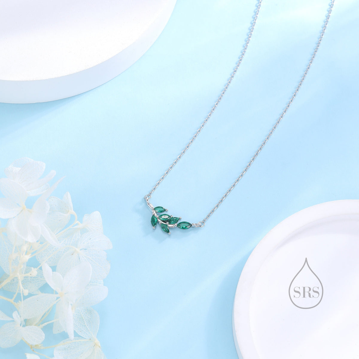 Emerald Green CZ Leaf Pendant Necklace in Sterling Silver, Silver or Gold, Olive Leaf Necklace, Olive Branch Necklace, Nature Inspired