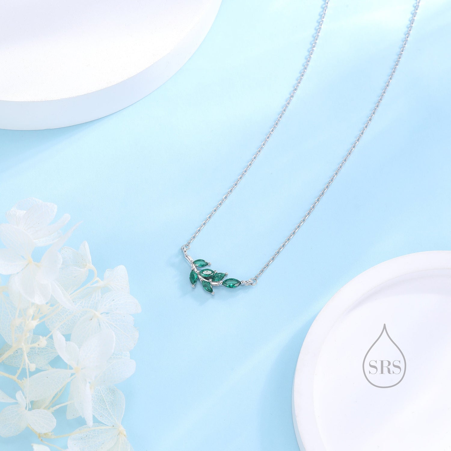 Emerald Green CZ Leaf Pendant Necklace in Sterling Silver, Silver or Gold, Olive Leaf Necklace, Olive Branch Necklace, Nature Inspired