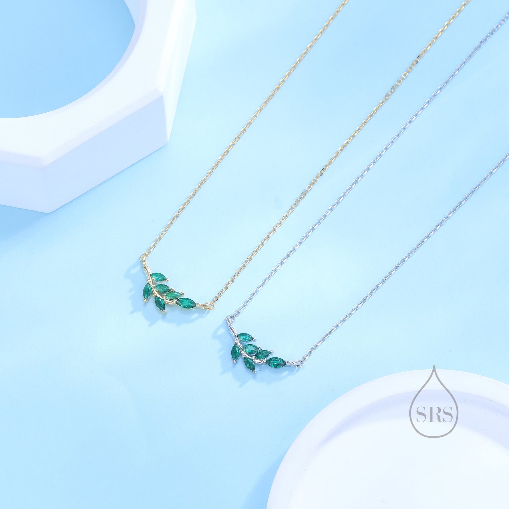 Emerald Green CZ Leaf Pendant Necklace in Sterling Silver, Silver or Gold, Olive Leaf Necklace, Olive Branch Necklace, Nature Inspired