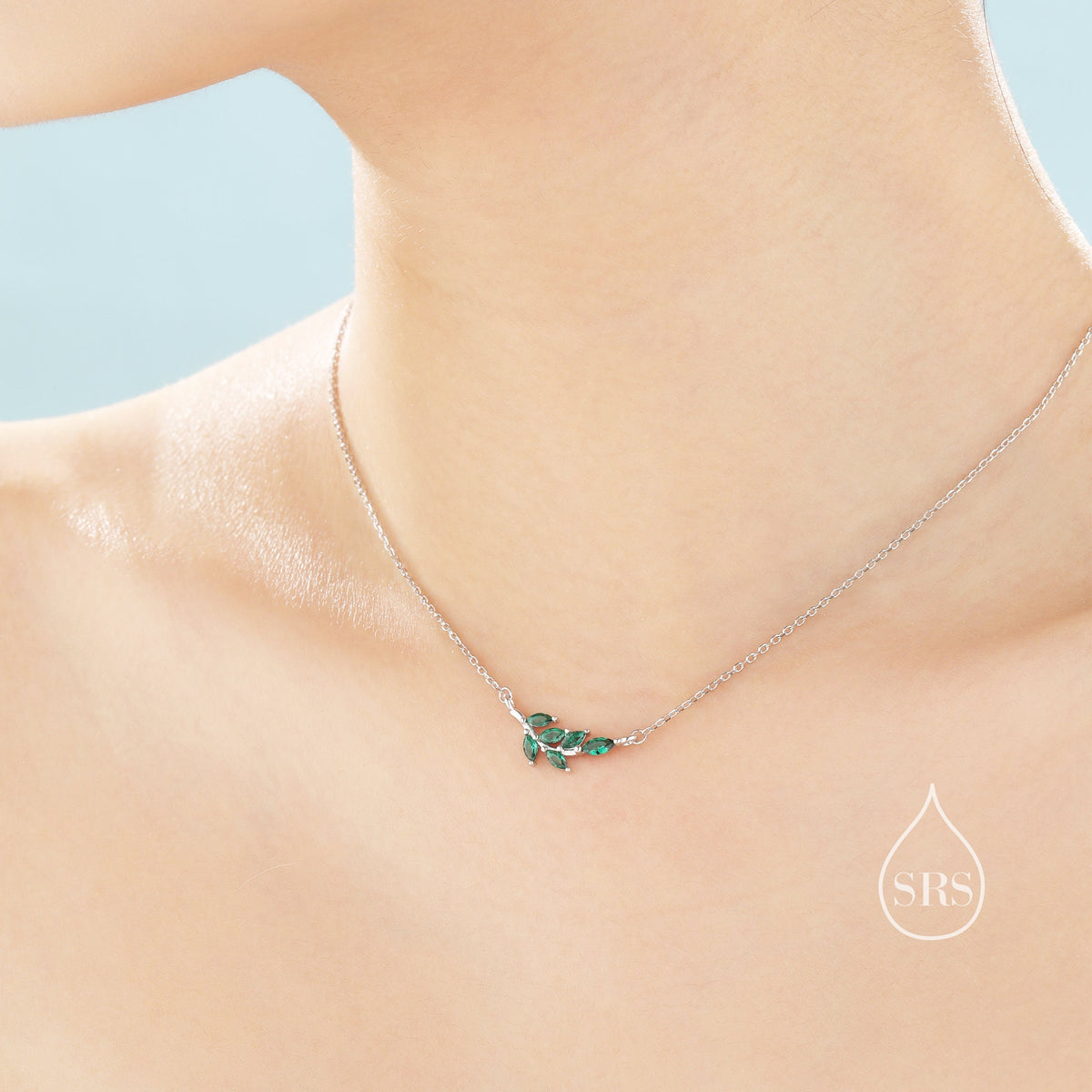 Emerald Green CZ Leaf Pendant Necklace in Sterling Silver, Silver or Gold, Olive Leaf Necklace, Olive Branch Necklace, Nature Inspired