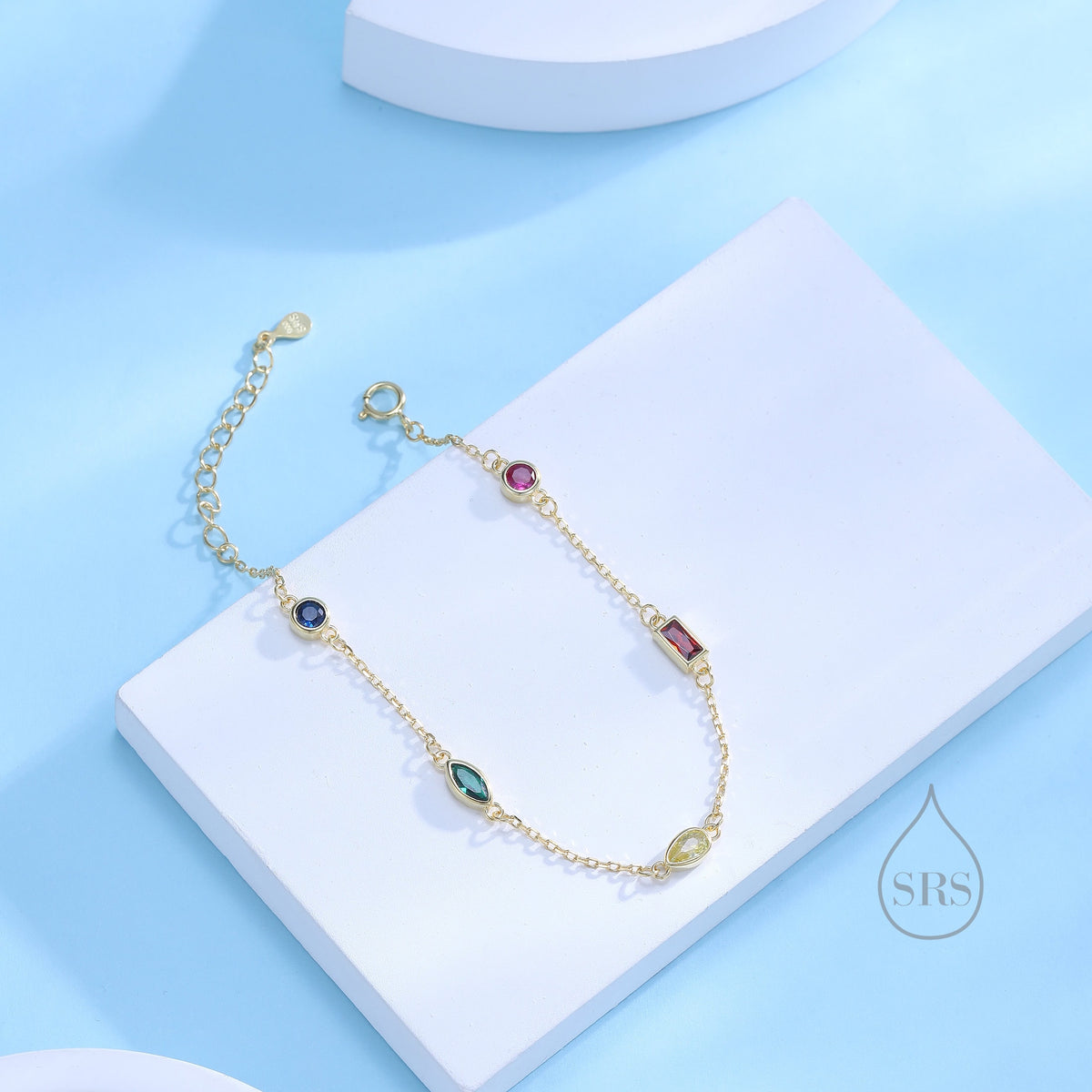 Rainbow CZ Cluster Bracelet in Sterling Silver, Silver or Gold, Silver Rainbow CZ Pear Cut Bracelet, Rainbow CZ Cluster Bracelet