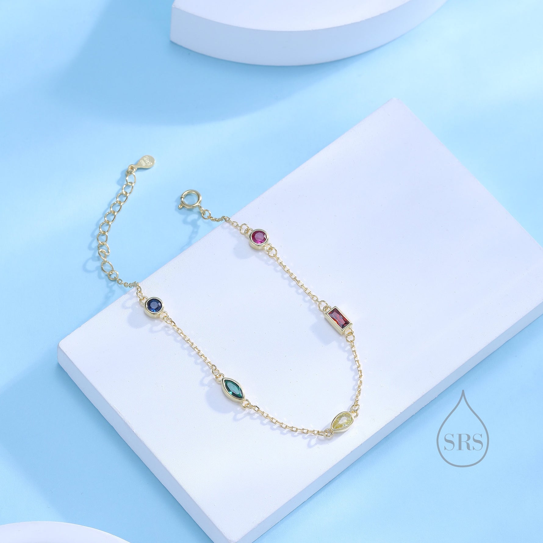 Rainbow CZ Cluster Bracelet in Sterling Silver, Silver or Gold, Silver Rainbow CZ Pear Cut Bracelet, Rainbow CZ Cluster Bracelet