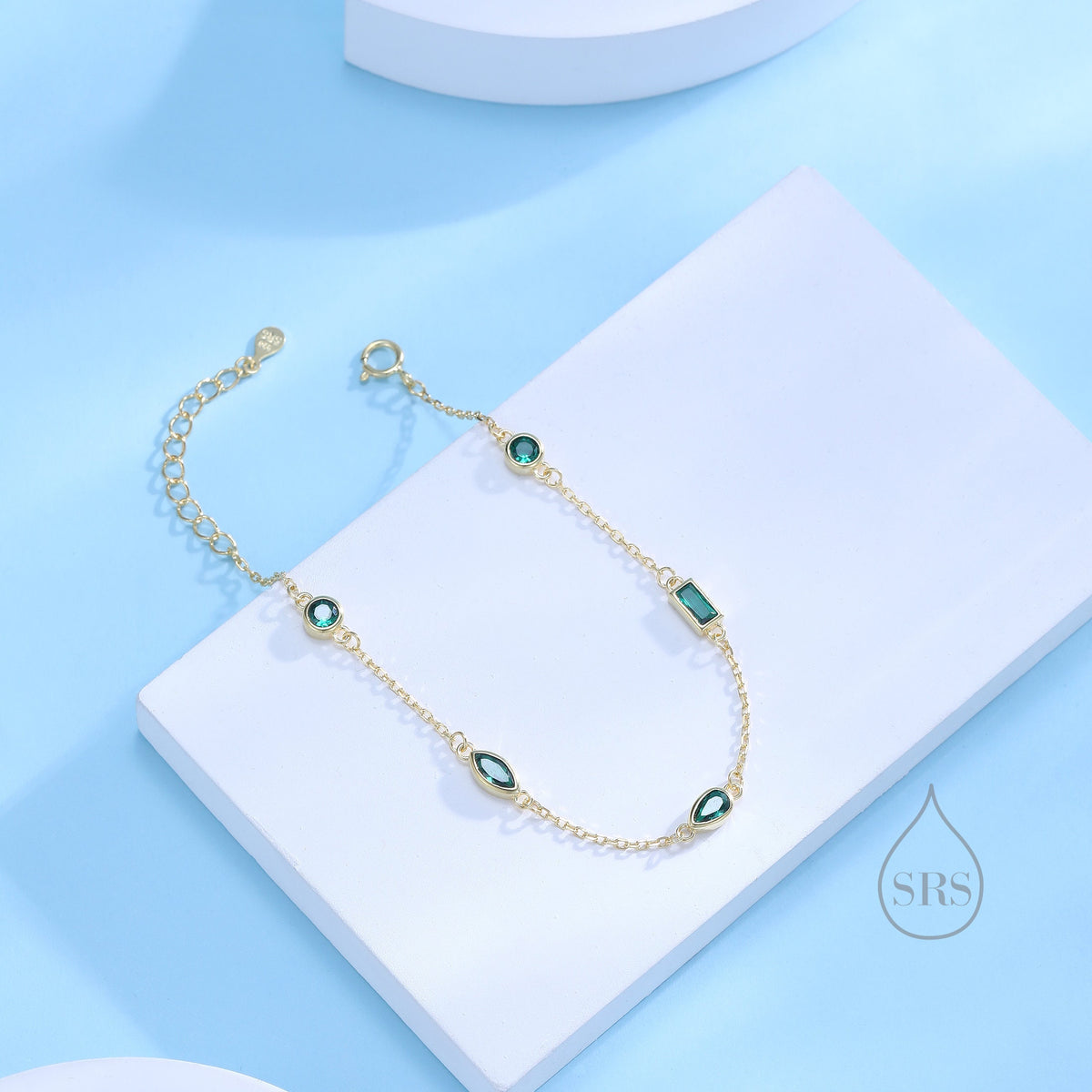 Emerald Green CZ Cluster Bracelet in Sterling Silver, Silver or Gold, Silver Green CZ Pear Cut Bracelet, Green CZ Cluster Bracelet