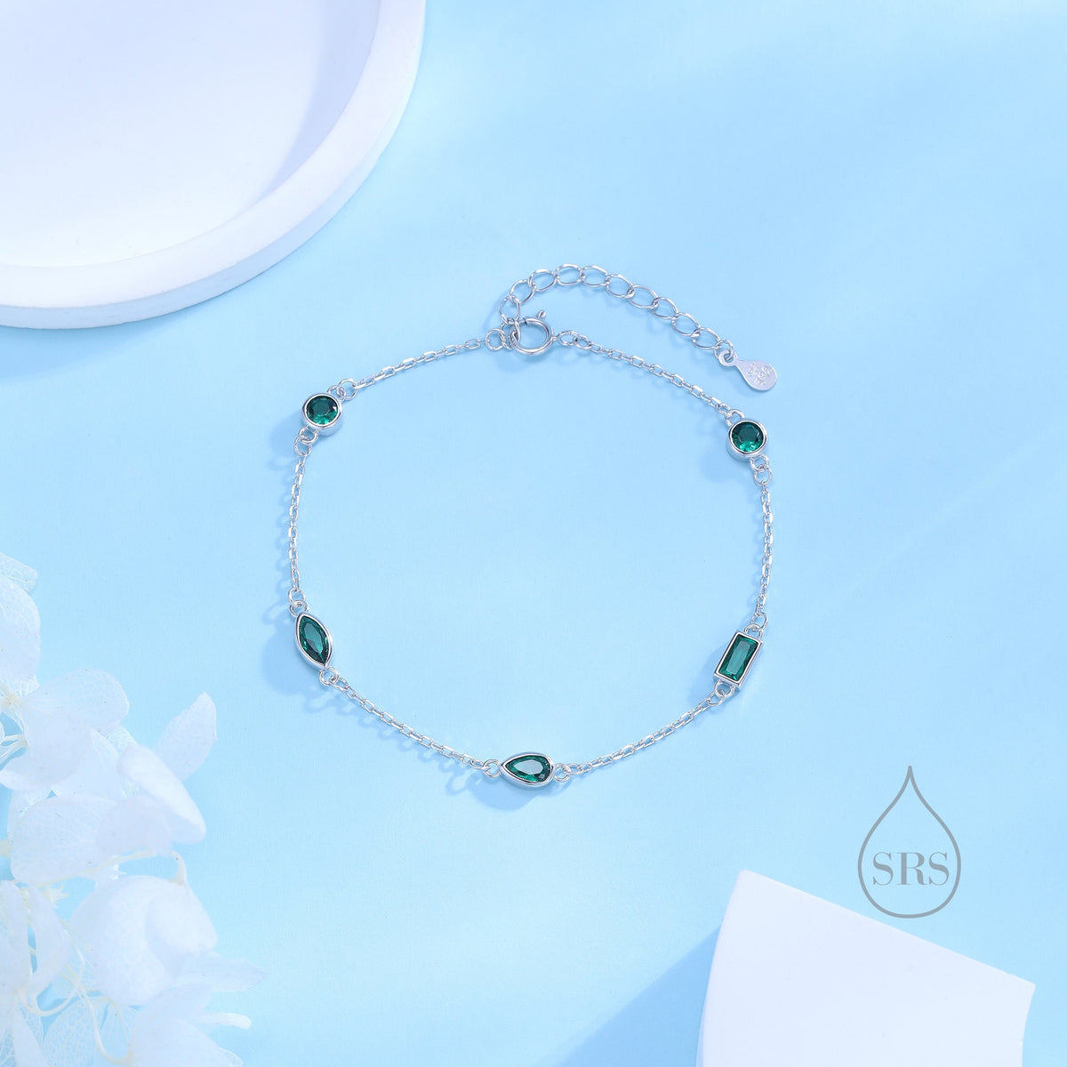 Emerald Green CZ Cluster Bracelet in Sterling Silver, Silver or Gold, Silver Green CZ Pear Cut Bracelet, Green CZ Cluster Bracelet