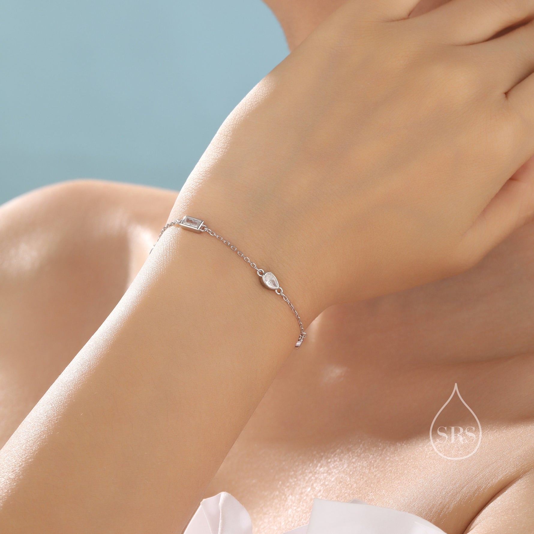 CZ Cluster Bracelet in Sterling Silver, Silver or Gold, Silver Green CZ Pear Cut Bracelet, Green CZ Cluster Bracelet