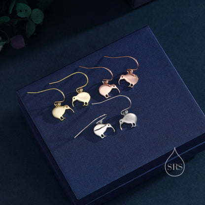 Kiwi Bird Drop Hook Earrings in Sterling Silver, Silver Gold or Rose Gold, Kiwi Bird Earrings