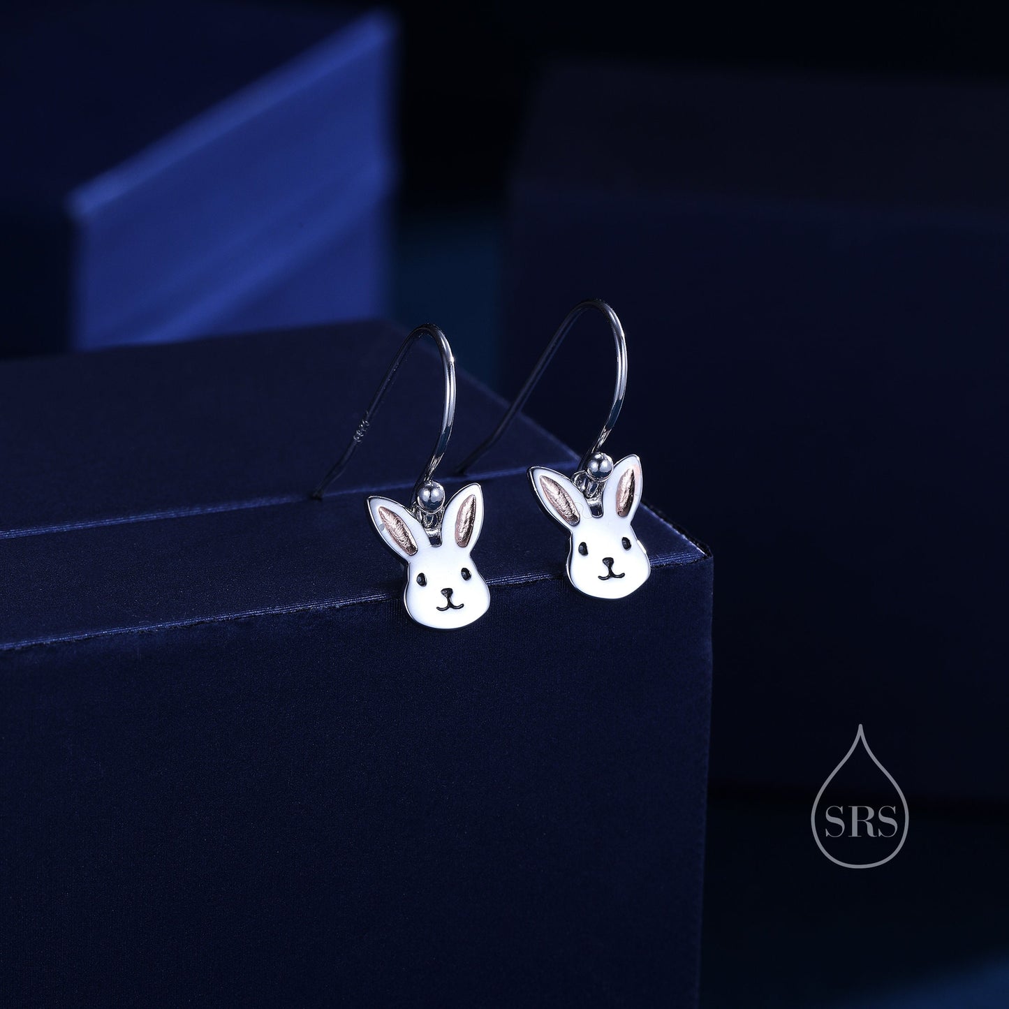 Bunny Head Drop Hook Earrings in Sterling Silver with Partial Rose Gold Coating, Sterling Silver Rabbit Earrings, Nature Inspired