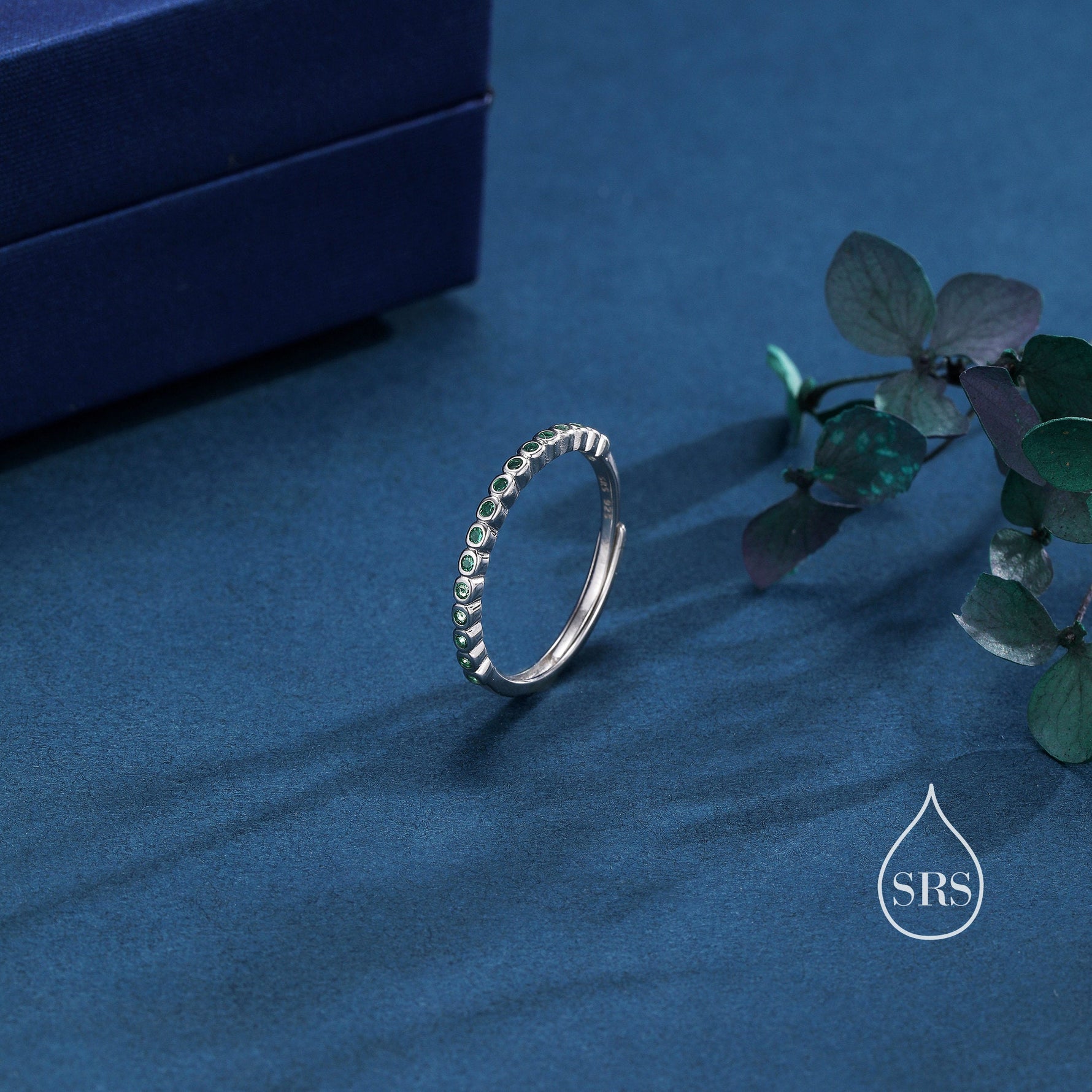Sterling Silver Emerald Green Delicate CZ Bezel Ring, CZ Half Eternity Ring, Half Infinity Ring, Adjustable Sized Ring, Stacking Rings,