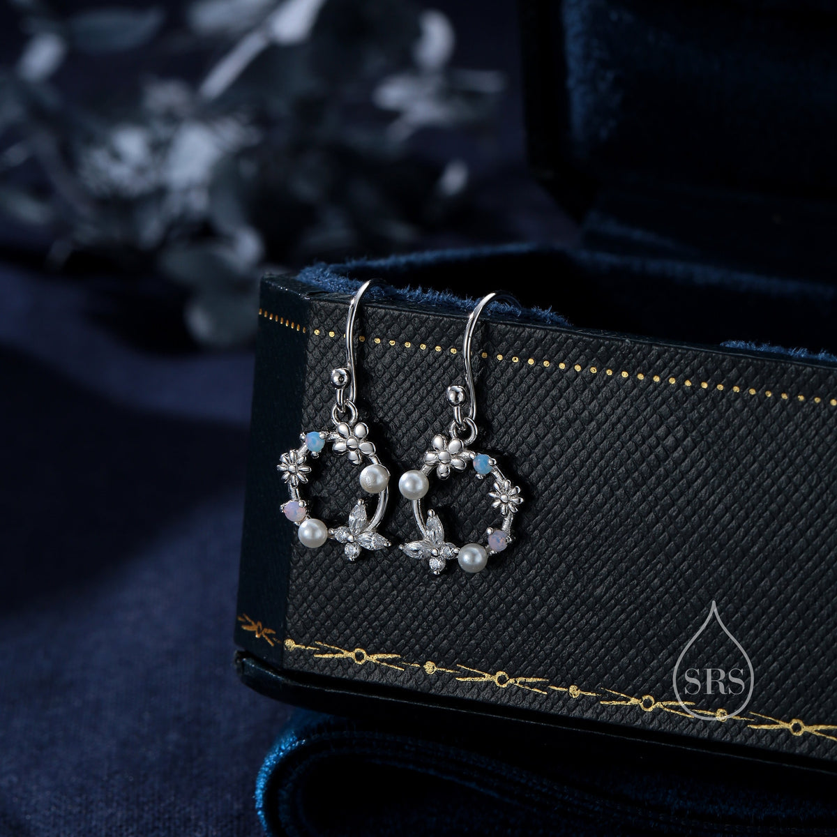 Sterling Silver Flower Wreath Drop Hook Earrings - Silver or Gold or Rose Gold, CZ Circle Flower and Butterfly Dangle Earrings