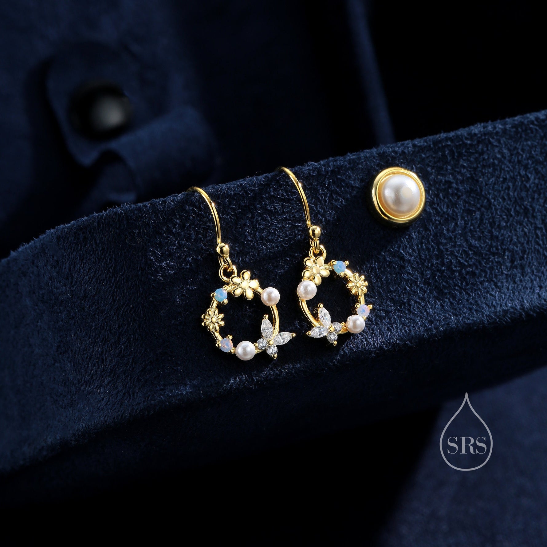 Sterling Silver Flower Wreath Drop Hook Earrings - Silver or Gold or Rose Gold, CZ Circle Flower and Butterfly Dangle Earrings