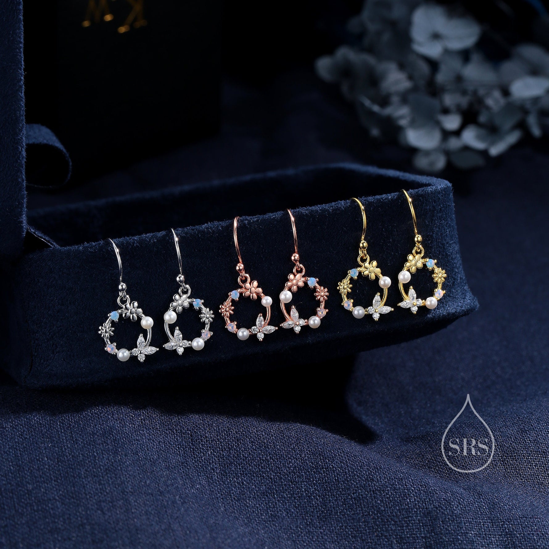 Sterling Silver Flower Wreath Drop Hook Earrings - Silver or Gold or Rose Gold, CZ Circle Flower and Butterfly Dangle Earrings