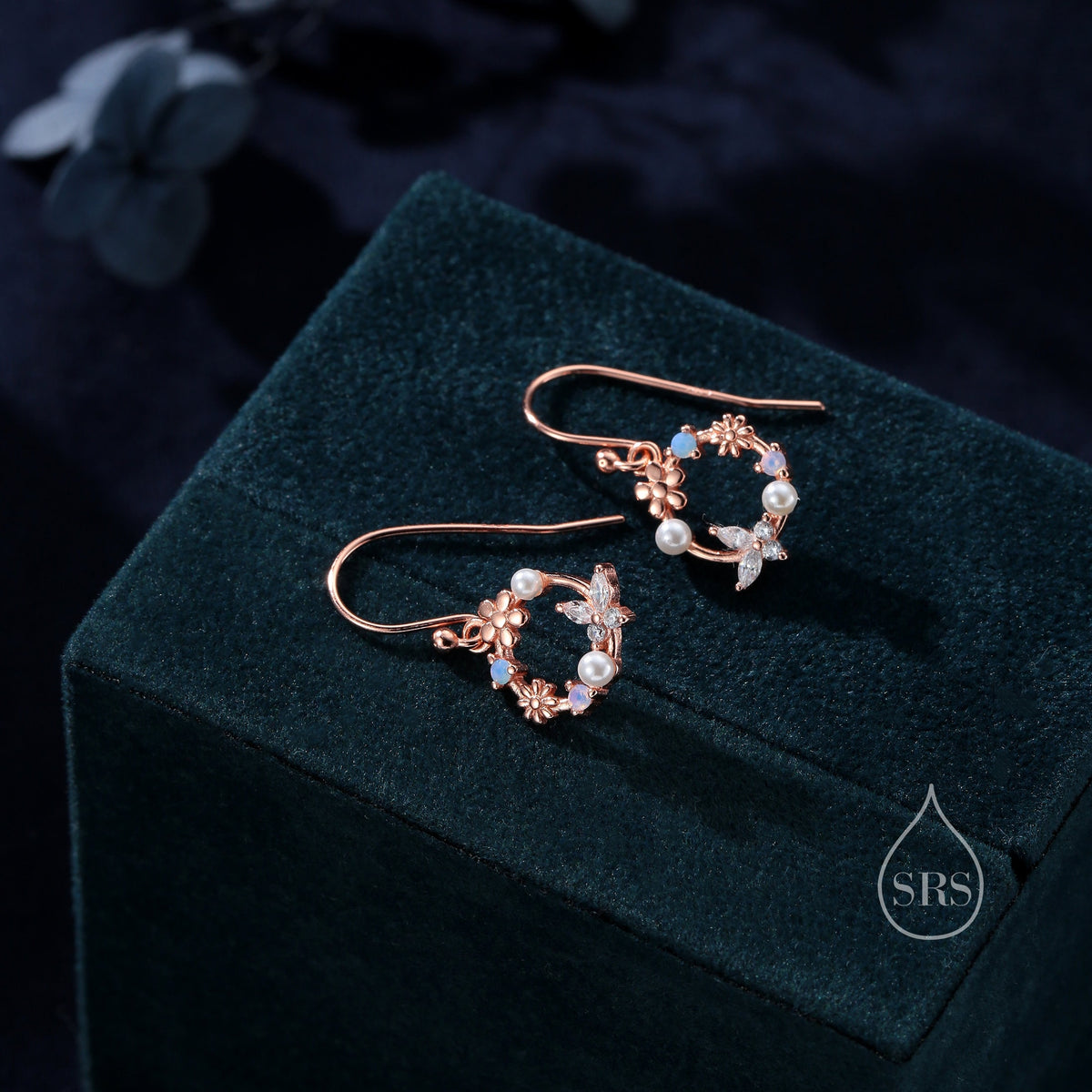 Sterling Silver Flower Wreath Drop Hook Earrings - Silver or Gold or Rose Gold, CZ Circle Flower and Butterfly Dangle Earrings