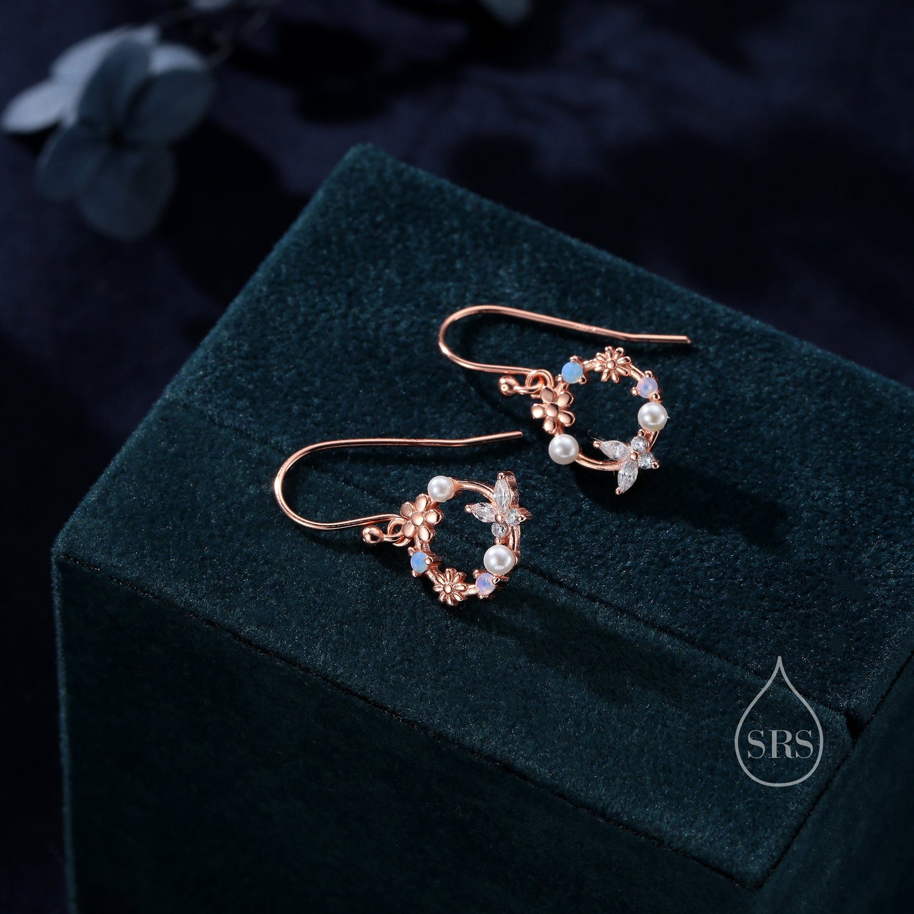 Sterling Silver Flower Wreath Drop Hook Earrings - Silver or Gold or Rose Gold, CZ Circle Flower and Butterfly Dangle Earrings