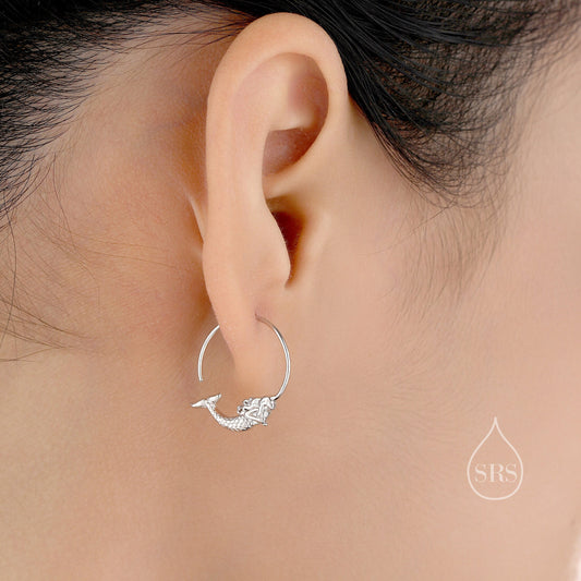 Mermaid Open Hoop Earrings in Sterling Silver, Silver or Gold or Rose Gold, Minimalist Siren Earrings, Simple Mermaid Fish Earrings