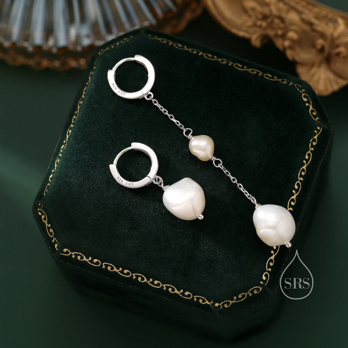 Asymmetric Natural Freshwater Baroque Pearl Huggie Hoop Earrings in Sterling Silver, Pearl Cascade Dangle Chain Earrings, Gold and Silver