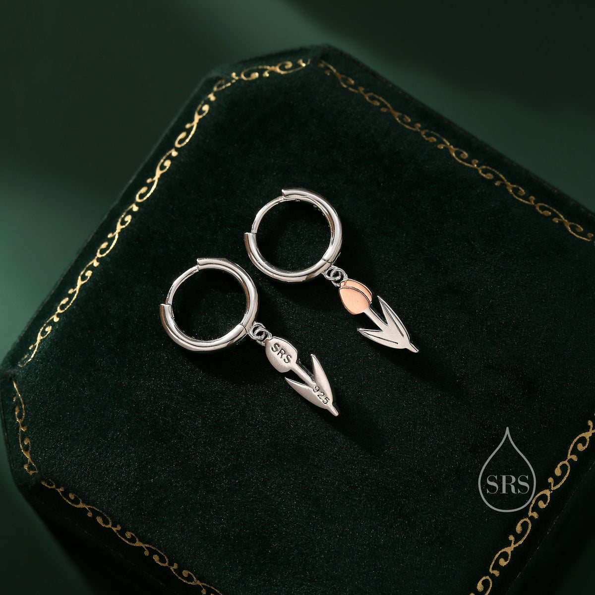 Tulip Flower Huggie Hoop Earrings in Sterling Silver, Two Tone Finish, Flower Earrings, Tulip Earrings