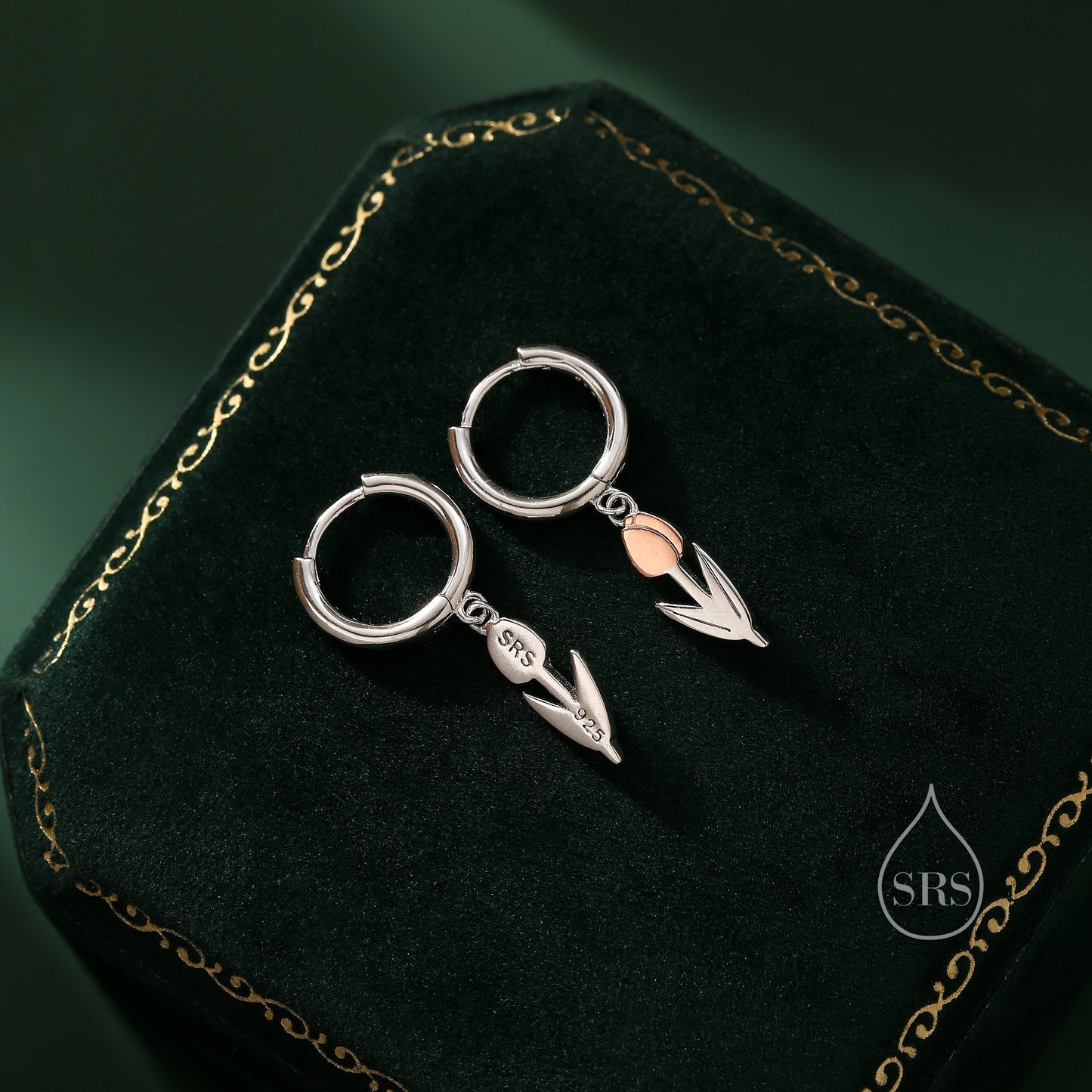 Tulip Flower Huggie Hoop Earrings in Sterling Silver, Two Tone Finish, Flower Earrings, Tulip Earrings